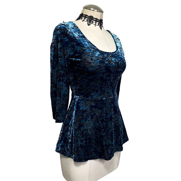 Decree Whimsygoth Gothic Blue Velvet Semi Sheer Fitted Blouse - Picture 4 of 11